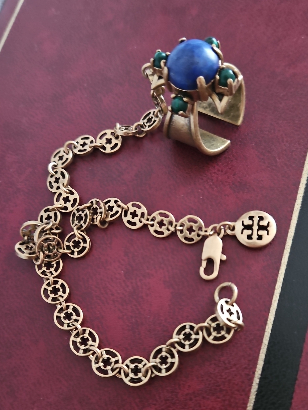 Tory Burch Roxanne Semiprecious Lapis Lazuli Hand Chain Ring Bracelet Set.